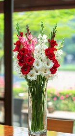 Red, White, and Pink Gladiolus in a Clear Vase