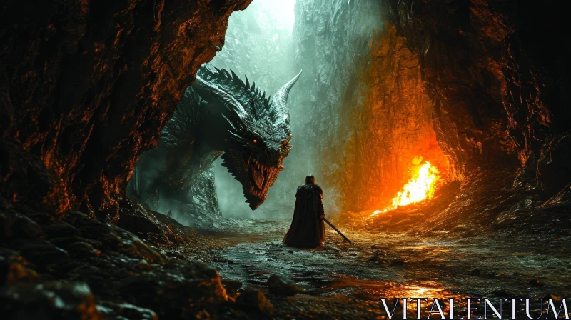 Dark Fantasy Illustration: Dragon's Lair Battle AI Image