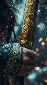 Golden Sword in Snowy Scene