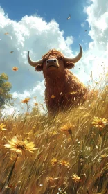 Majestic Cow Among Wildflowers