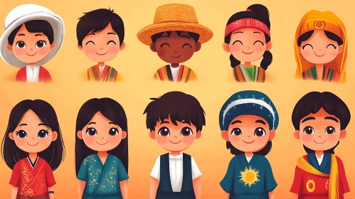 Diverse Cartoon Kids in Traditional Clothing