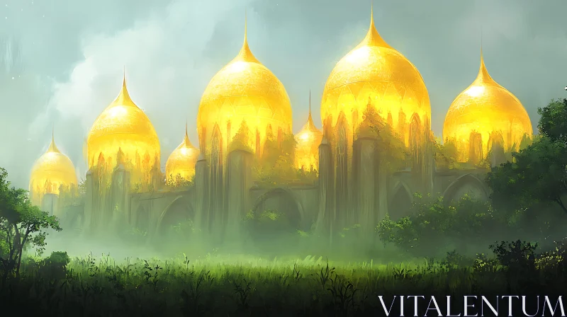 Ethereal Golden Domes in the Mist AI Image