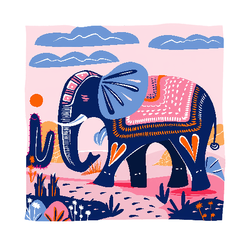 POD Design Folk Art Elephant in Desert - Colorful Illustration