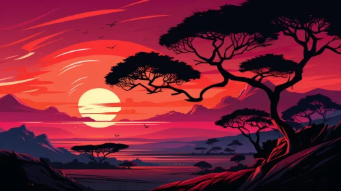 Neo-Traditional Sunset Landscape with African Influence