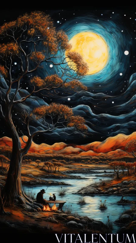 Starlit Night Sky over River - Highly Detailed Painting on Canvas AI Image