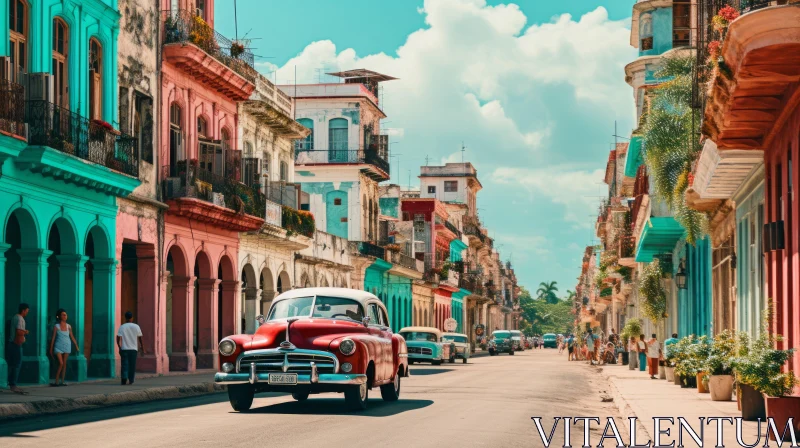 Vintage Red Car Journeying Down a Colorful Street AI Image