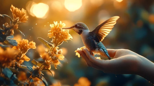 Gentle Hummingbird on Hand with Flowers