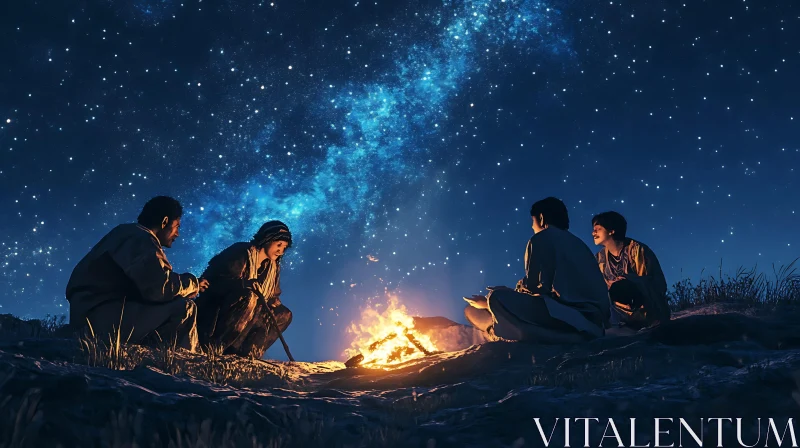 Friends by the fire under the stars AI Image