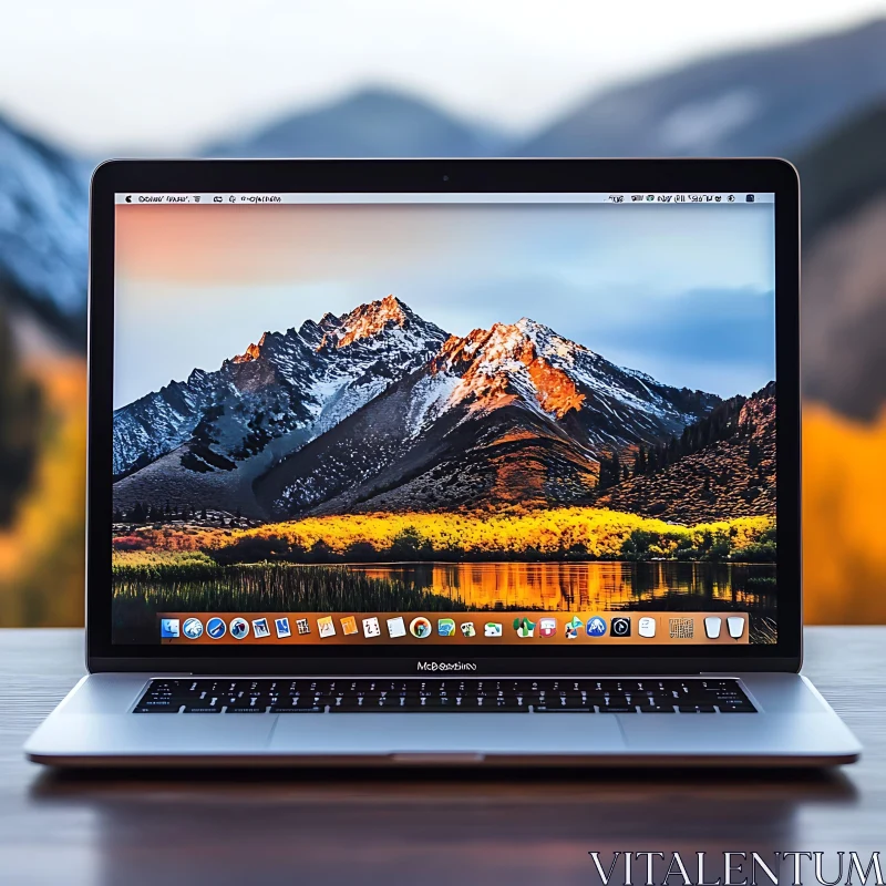 Laptop with Mountain and Lake Reflection AI Image