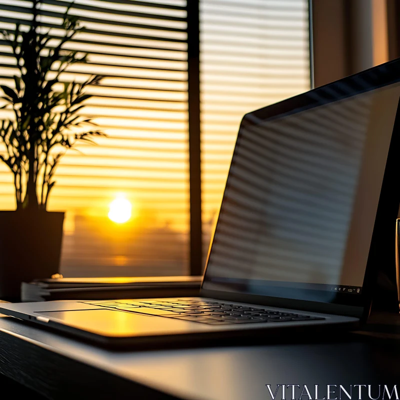 Tranquil Office Setup During Sunset AI Image