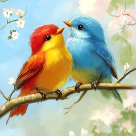 Colorful Birds Perched on Floral Branch