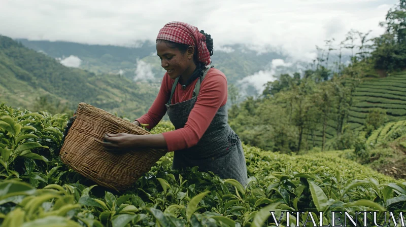 AI ART Woman Harvesting Tea on Plantation