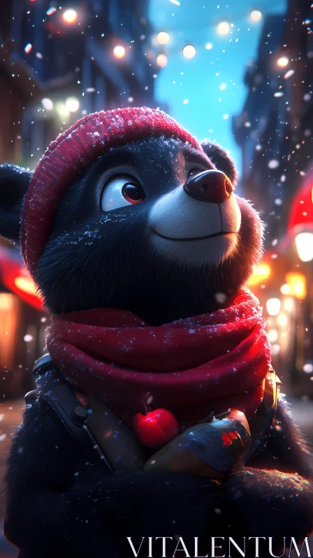 Joyful Bear Amidst Snowfall AI Image