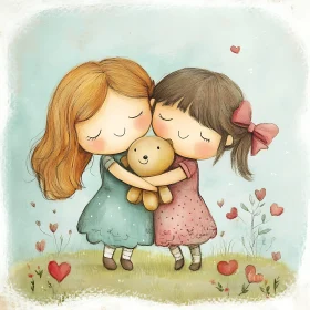 Girls Hugging Teddy Bear with Hearts