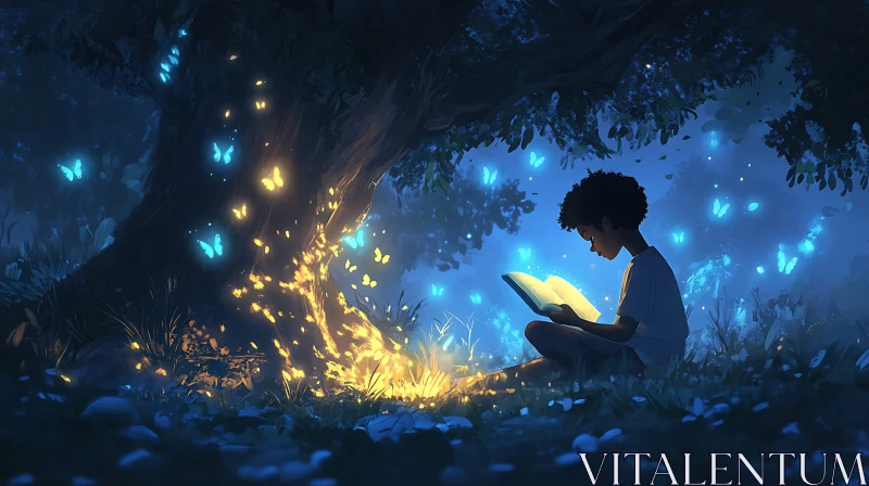 AI ART Enchanted Reading: Boy and Butterflies