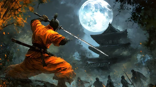 Samurai Under Moonlight With Katana