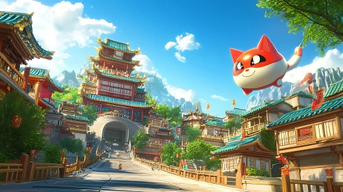 Cartoon Asian Town with Floating Balloon