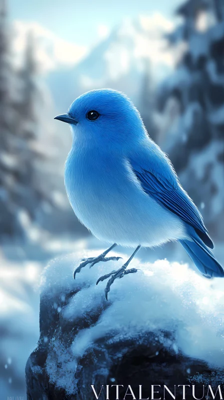 Blue Bird on Snowy Rock AI Image