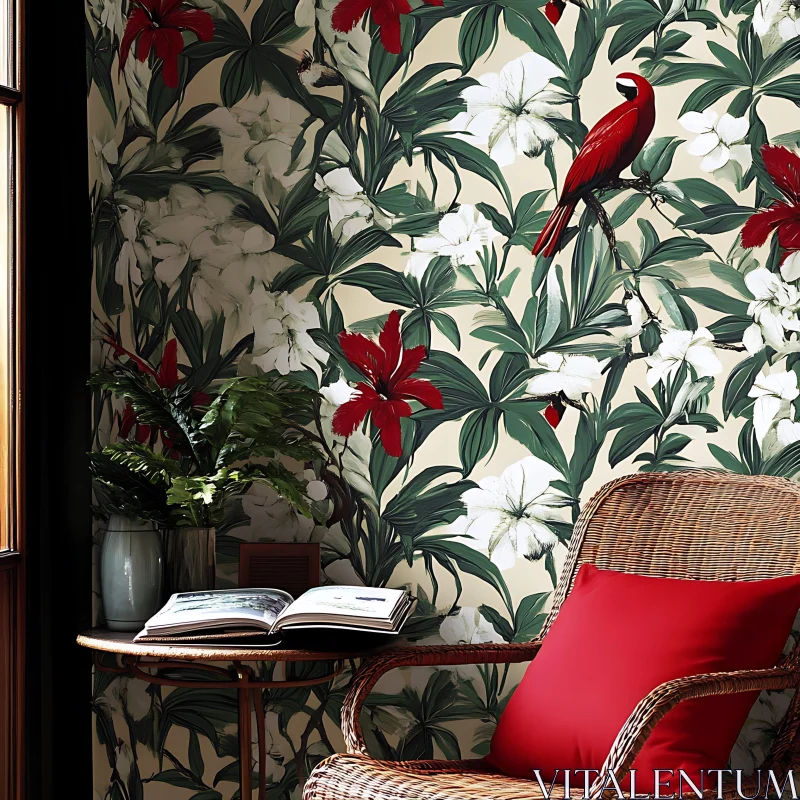 Floral and Bird-Themed Wallpaper in Quaint Interior AI Image