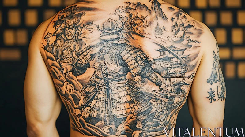 AI ART Back Tattoo: Samurai Warrior and Landscape