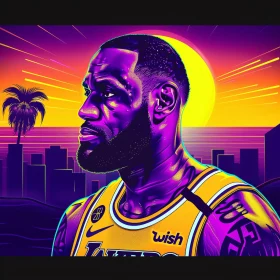 LeBron James Art with Sunset City Background