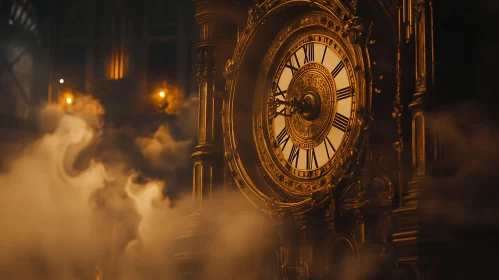 Antique Clock in Dim Light with Fog