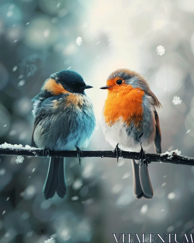 Two Birds in Winter Snow Scene AI Image