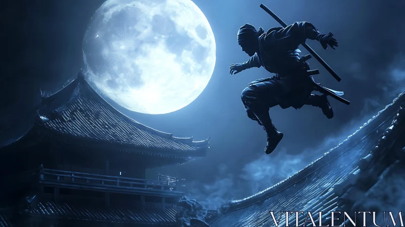 AI ART Moonlit Ninja Warrior on Rooftops