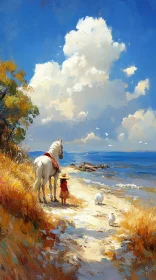 Tranquil Beach Scene with Horse and Child