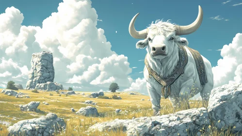 White Bull Amidst Open Scenery