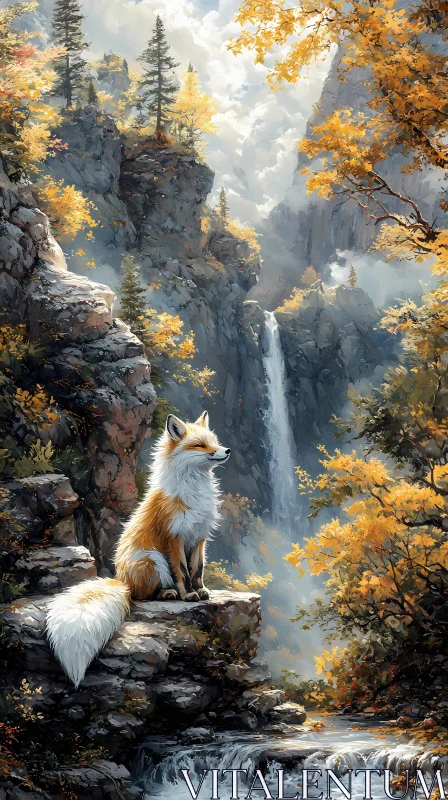 Fox and Waterfall with Autumn Foliage AI Image