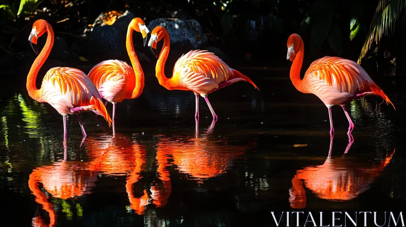 Pink Flamingos in Dark Water AI Image