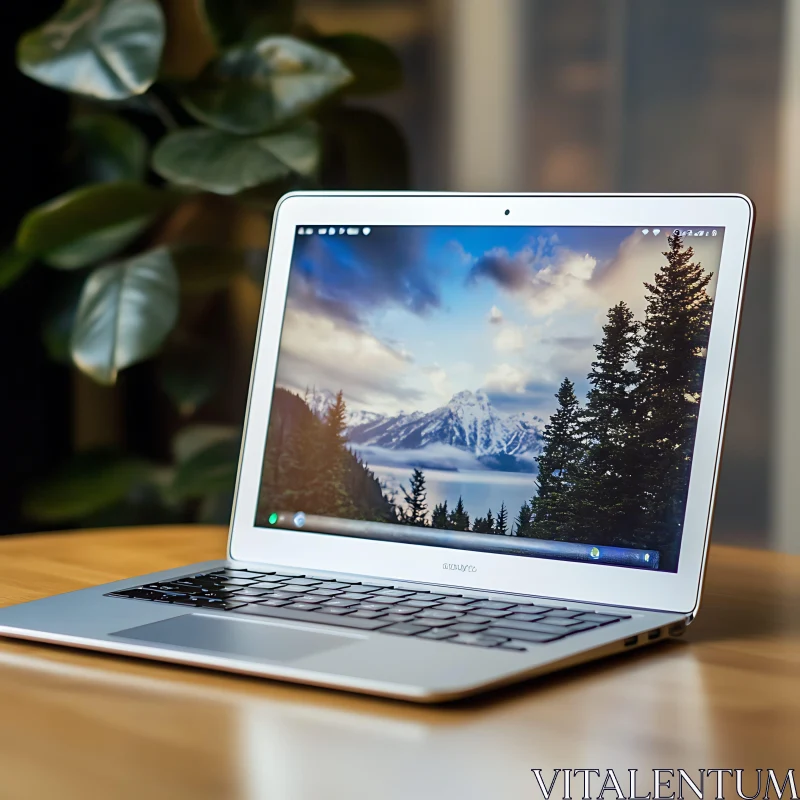 Silver Laptop Displaying Scenic Mountain Wallpaper AI Image