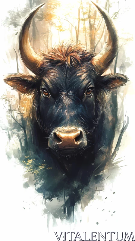 AI ART Bull Portrait in Forest Mist