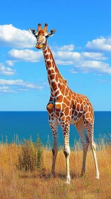 Giraffe on Grassy Plain with Sea View