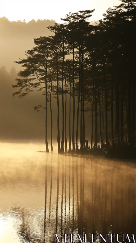 AI ART Tranquil Morning at a Misty Lake with Tree Reflections