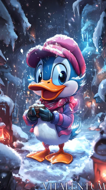 Wintery Cartoon Duck Delight AI Image