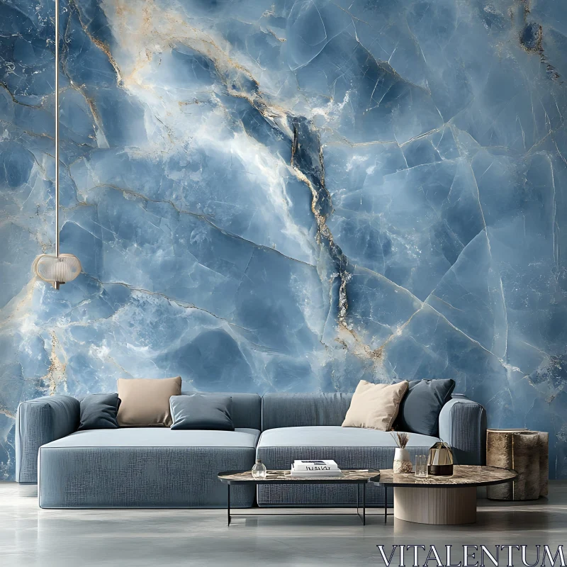 Elegant Living Room with Blue Marble Wall Design AI Image