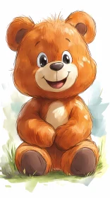 Smiling Cartoon Bear on Grass