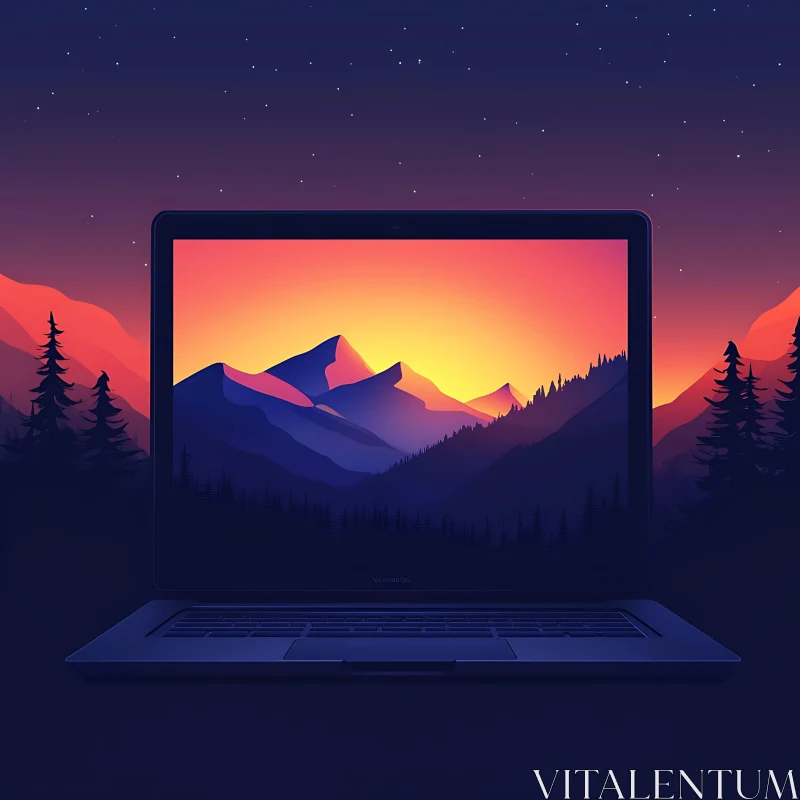 Sunset Over Mountains in Digital Art Form AI Image