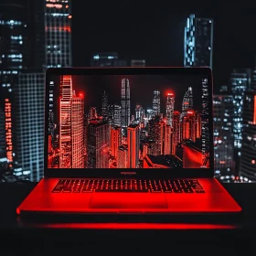 Red-Lit Urban Cityscape on Laptop Screen