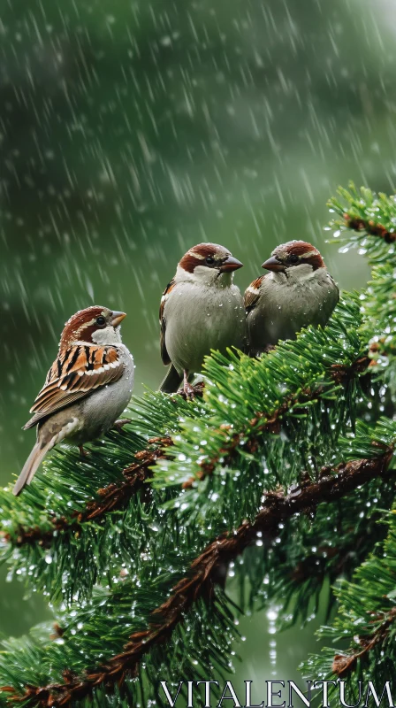 Birds on Branch in the Rain AI Image