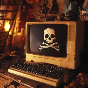 Old Monitor with Skull and Crossbones Image