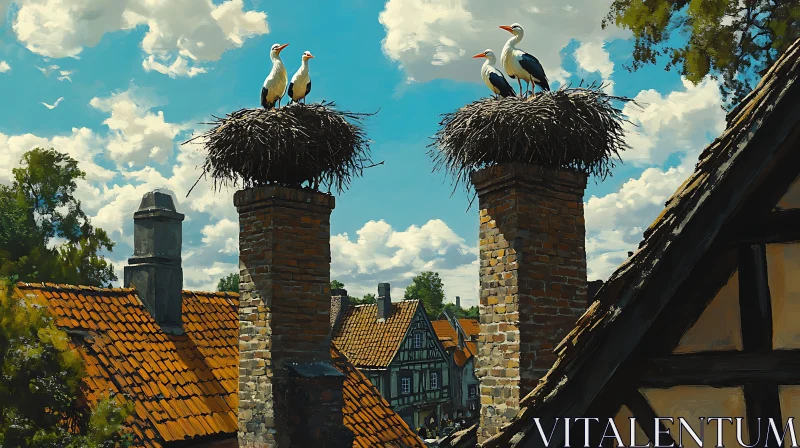 AI ART Storks Nesting Above Old Town