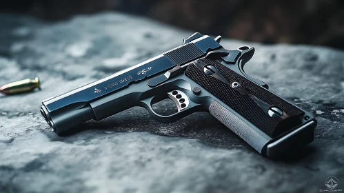 Metallic Gun with Bullet on Concrete