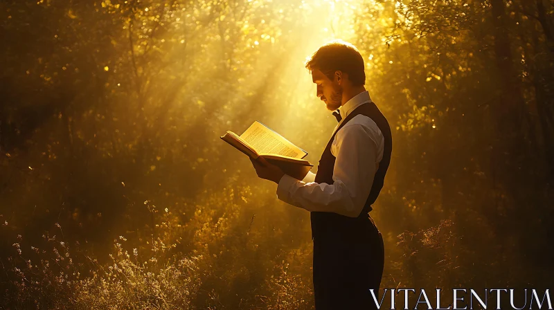 Man reading book in forest sunlight AI Image