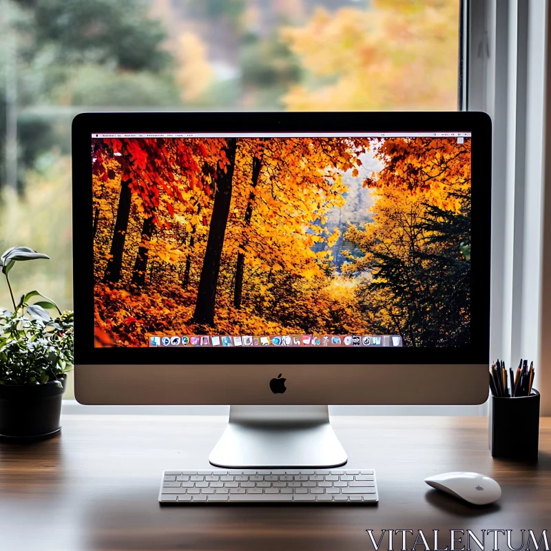 Workspace Featuring Autumn Forest on Desktop Screen AI Image