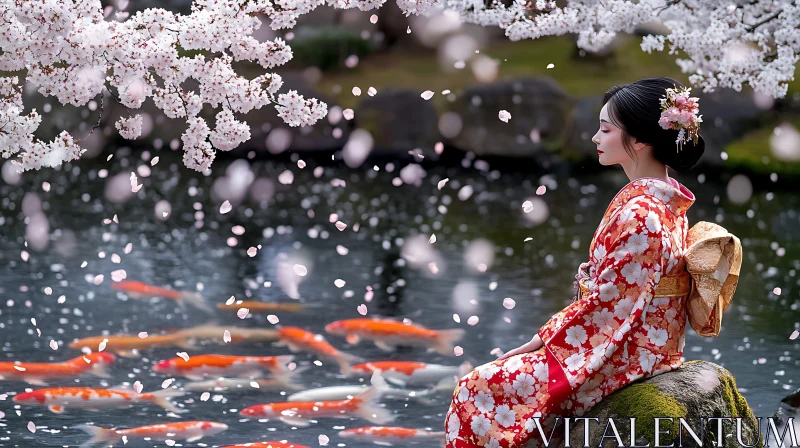 Tranquil Kimono-Clad Woman with Cherry Blossoms and Koi Fish AI Image