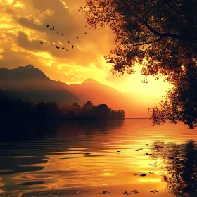Lake Sunset with Birds
