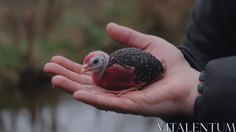 Vulnerable Turkey Chick in Caring Hand AI Image